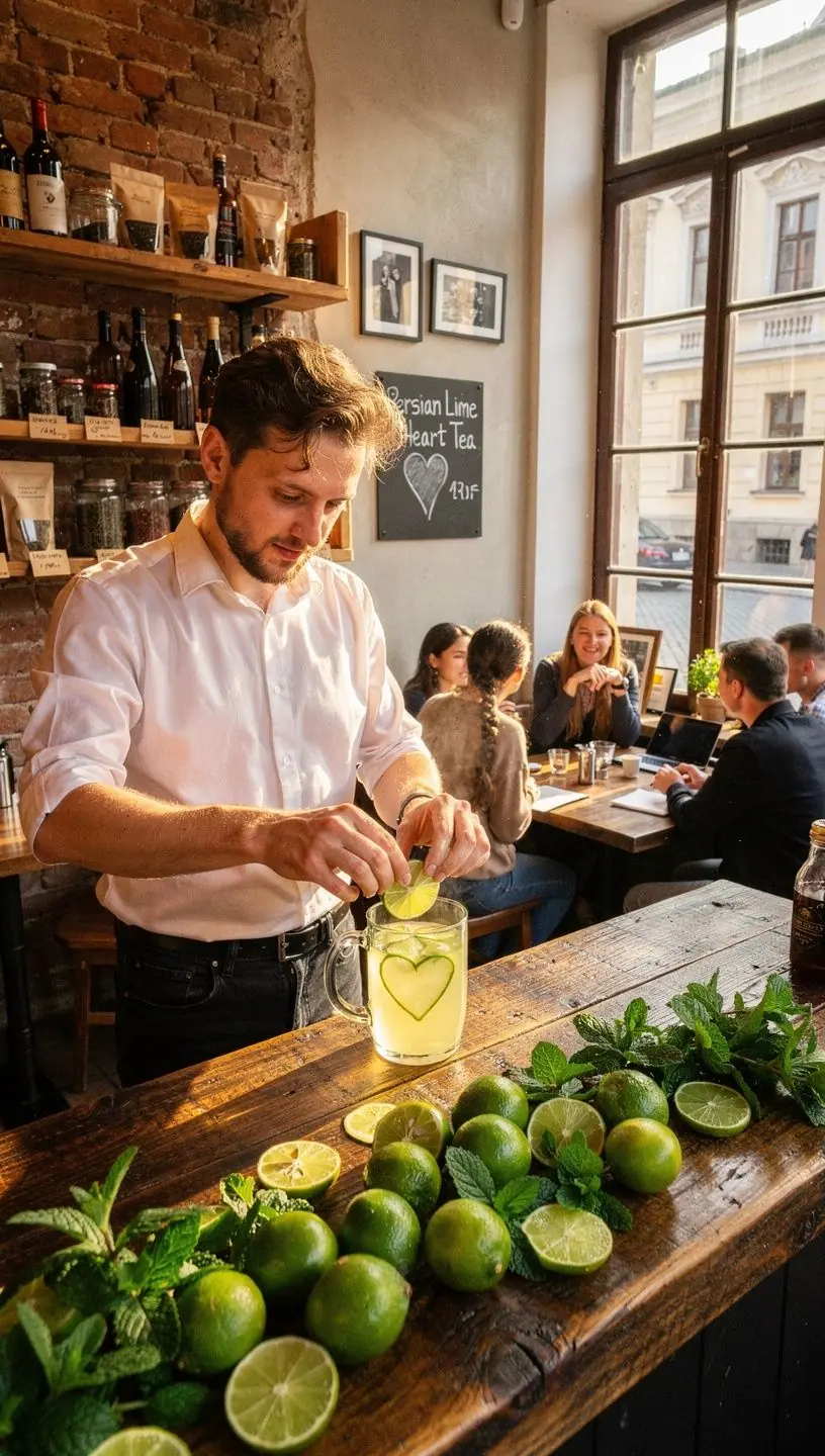 Šviežiai paruošta arbata su persų kalkėmis, skirta širdies sveikatai.