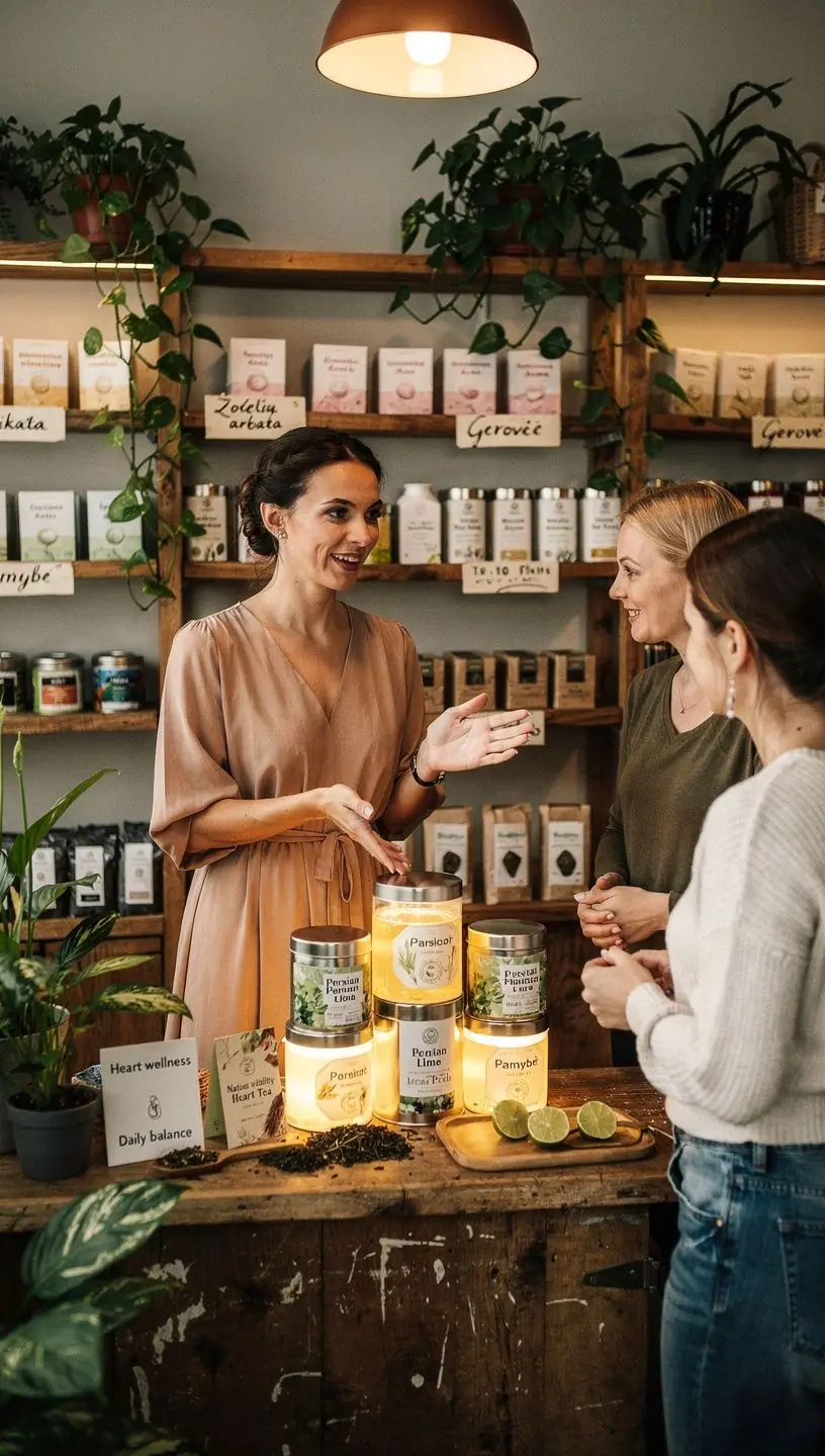 Persų kalkių širdies arbatos puodelis su šviežiais citrusiniais vaisiais.