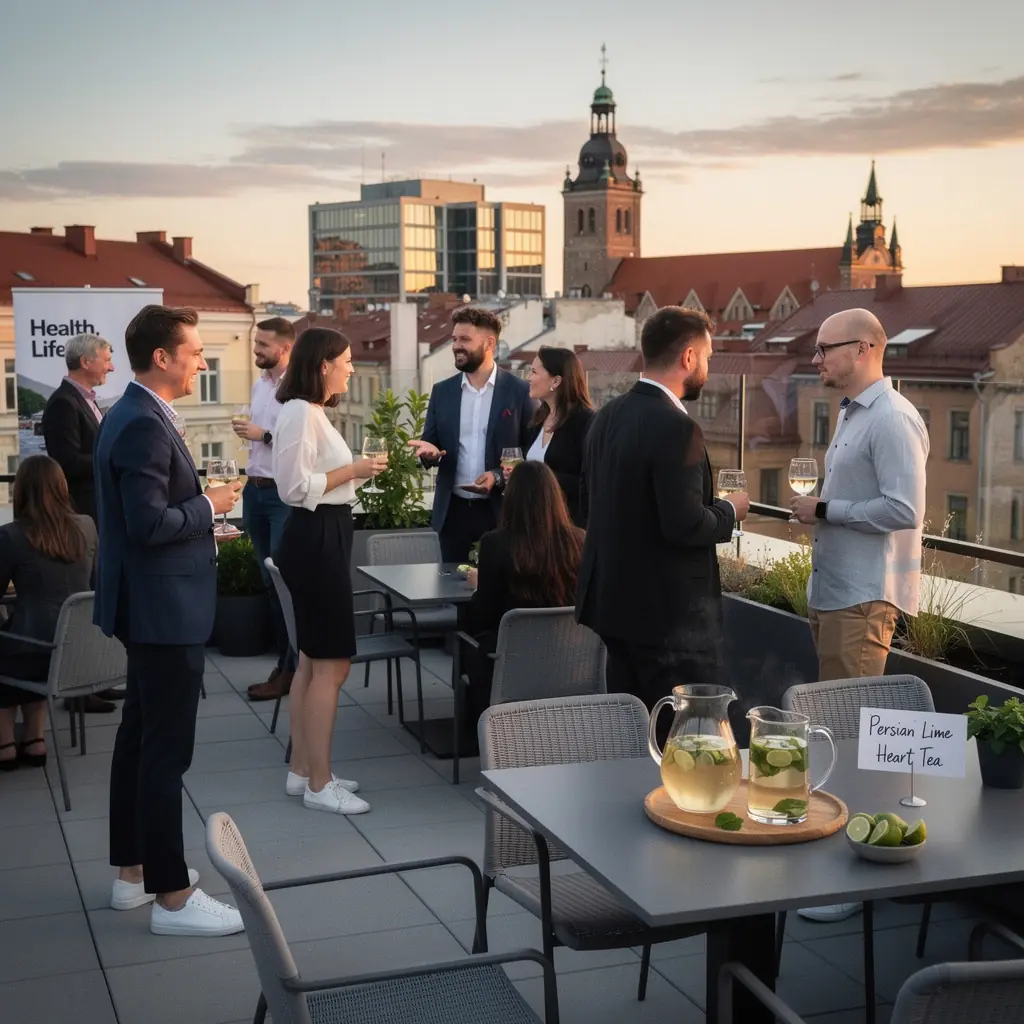 Persų kalkių širdies arbata, patiekta su šviežiais citrusiniais vaisiais.